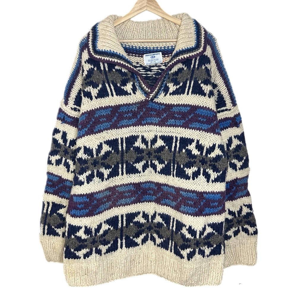 Vintage 90s Cream Fair Isle Cowichan Style Chunky Knit Wool Sweatshirt Hand Made